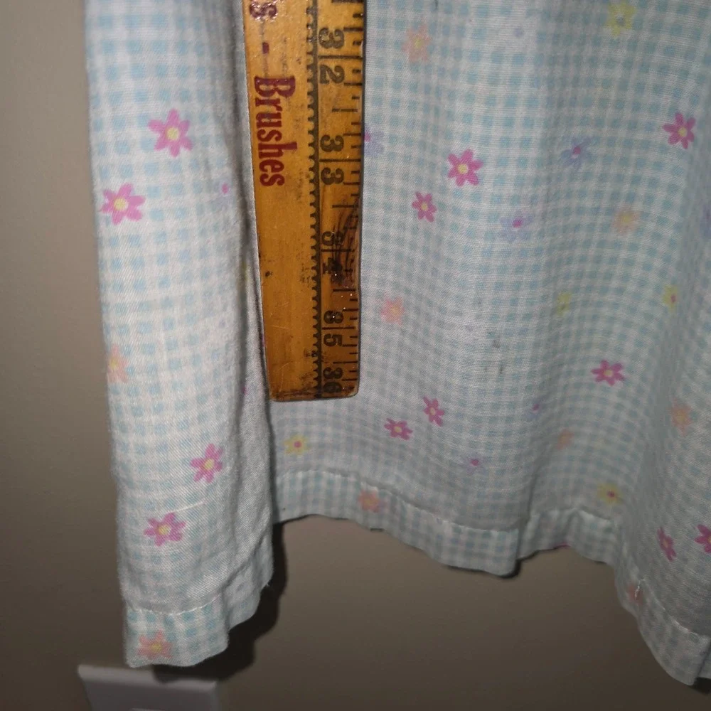 Moon Dance Blue Gingham Floral Snap Front House Dress Duster Robe Large Vintage